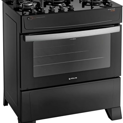 Fogão Atlas 5 Bocas preto Atenas Glass com Acendimento automático.