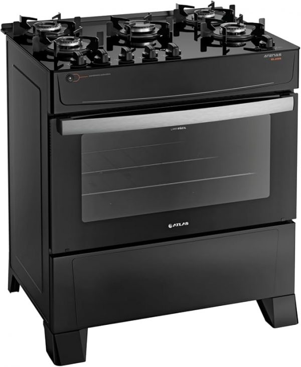 Fogão Atlas 5 Bocas preto Atenas Glass com Acendimento automático.