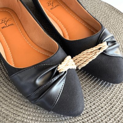 Sapatilha Feminina Confortável Bico Fino Sapatilha Preta Cordão.