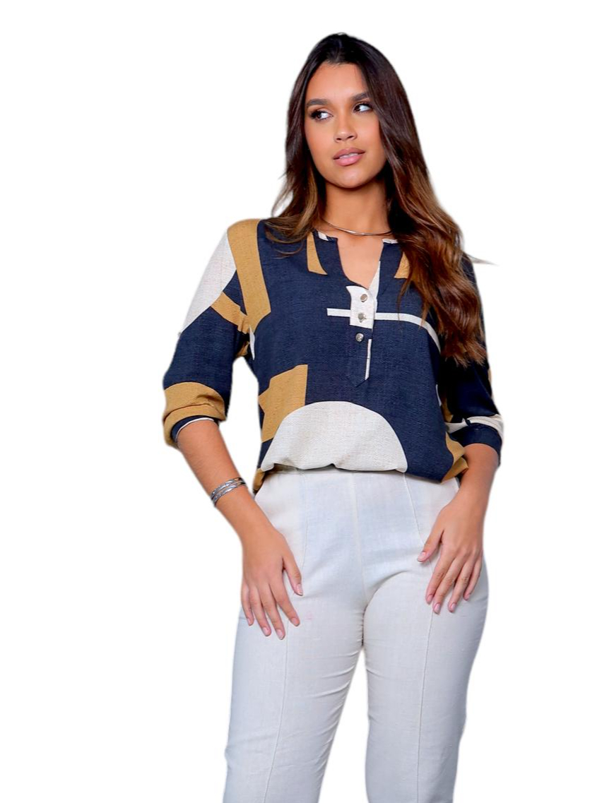 Camisa Social Feminina manga 3/4 em Visco linho.