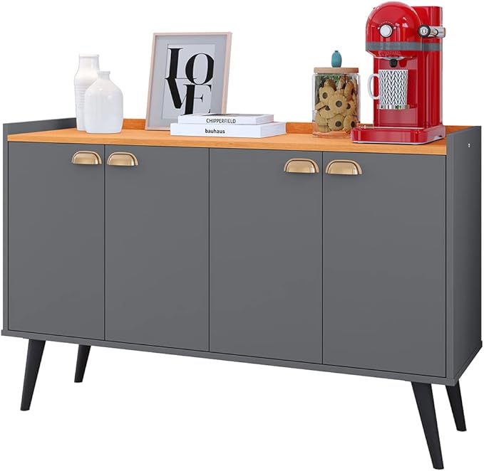 Aparador Buffet Kiev Cantinho Café Decoração Sala Jantar Estar Cozinha 4 Portas Puxador Concha Prateleira Interna.