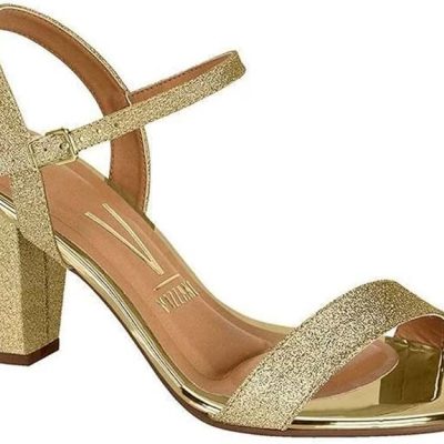 Sandália Feminina Salto Quadrado Mini Glitter Dourado Vizzano.