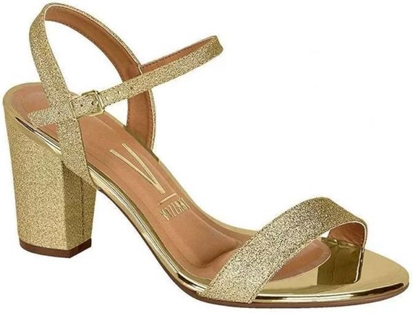 Sandália Feminina Salto Quadrado Mini Glitter Dourado Vizzano.