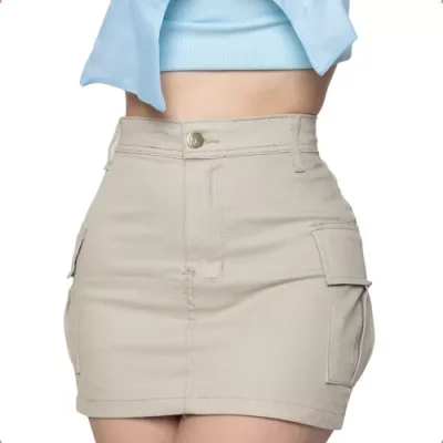 Saia Cargo Sarja Feminina Cintura Alta Com Lycra Bolsos