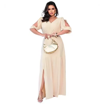 Vestido Longo Fenda Maxi Plus Size Forrado Acinturado Luxo