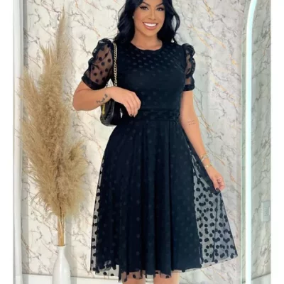Vestido Godê Moda Evangélica Mídi De Tule Com Faixa M-g
