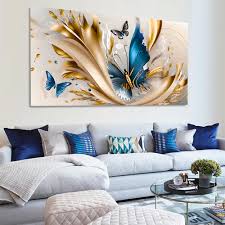 Quadro Decorativo Borboleta Azul Dourada Fundo Mármore Lançamento Sala Quarto