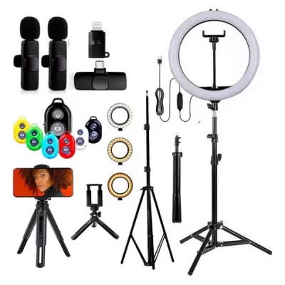 Ringlight Led Iluminador Suporte + Tripé Completo Mic Duplo