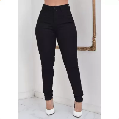 Calça Preta Jeans Feminina Skinny Cós Alto Levanta Bumbum