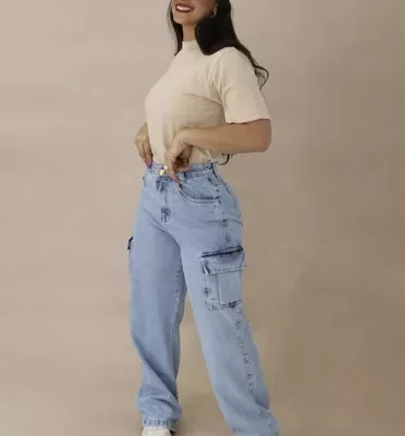Calça Jeans Feminina Cargo Levanta Bumbum Cintura Alta