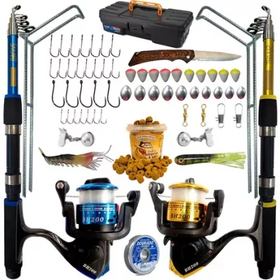 Kit de pesca completo 10kg com 2 varas + 2 molinetes + itens cor azul e amarelo