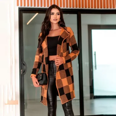 Casaco Cardigan Feminino Kimono Trico Xadrez Sueter Grosso Modal Mulher Moda Frio