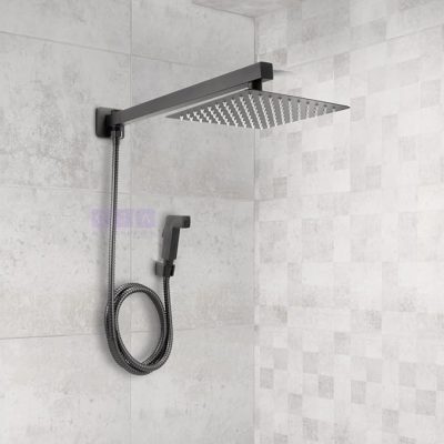 Chuveiro Ducha Gás Solar Inox 20x20 cm Com Desviador e Ducha Quadrado Preto Fosco