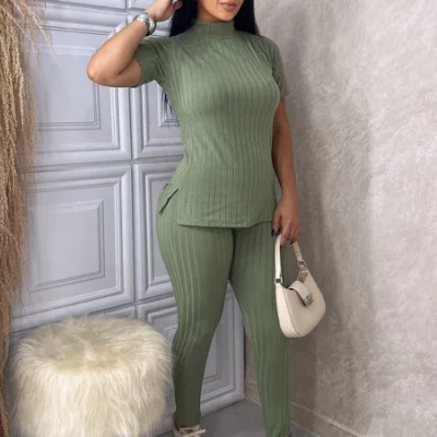 Conjunto Feminino Canelado Calça e Blusa Malha Com Elastano Premium