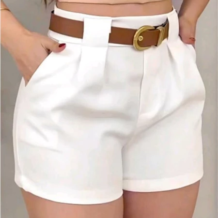 Short Alfaiataria Feminino Com Bolso Com Cinto Cintura Alta