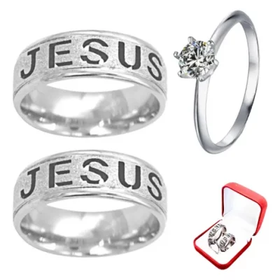 Par Aliança Prata Vazado 6mm Jesus + Anel Solitário 2mm