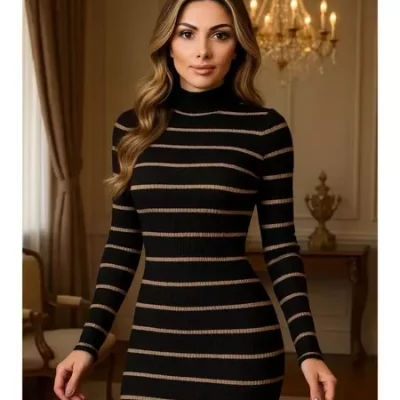 Vestido Midi Canelado Manga Longa Tricot Elegante Gola Alta