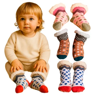 3 Meia Térmica Inverno Forrada Lã Infantil Antiderrapante