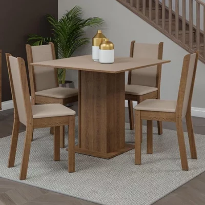 Conjunto Sala de Jantar Mesa Tampo de Madeira 4 Cadeiras