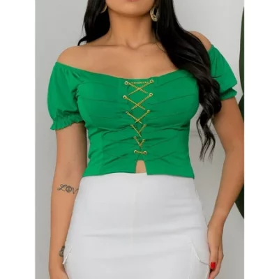 Kit 2 Peças Blusa feminina cropped manga curta com bojo e correntinha