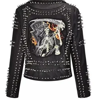 Jaqueta Couro Tachas Rock Feminina Preta Caveira