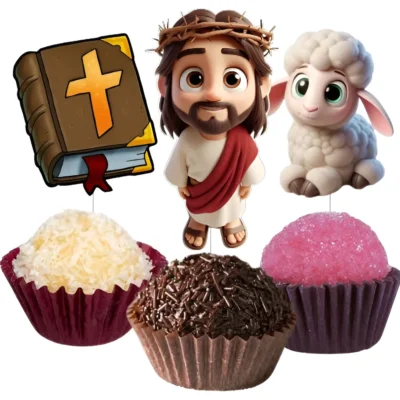 Toppers Doces Jesus Ovelha Bíblia Festa Aniversário Tag