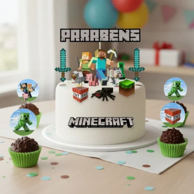 Topo De Bolo Minecraft + 20 Tag Docinhos Decoração Festa Azul Minecraft