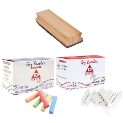 Kit Apagador em Madeira + 64 Unidades Giz Colorido + 64 Unidades Giz Branco