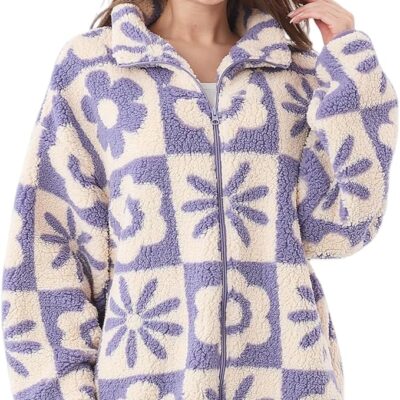 Jaqueta Feminina de Pelúcia Sherpa com Estampa Floral